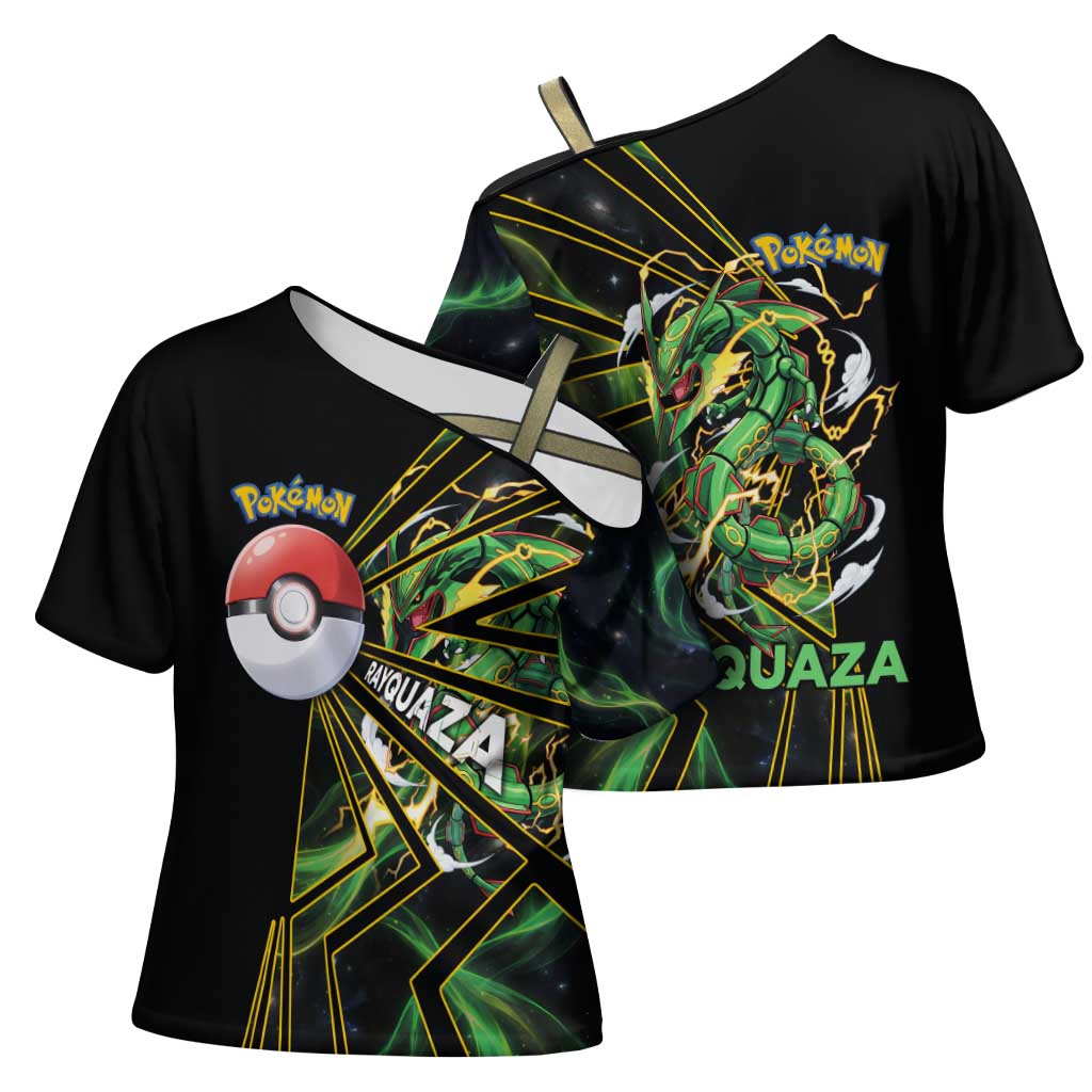 Rayquaza Poké Cross Shoulder Shirt Cosmic Dragon Comic Style