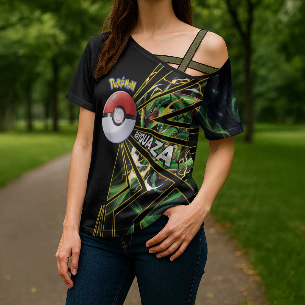 Rayquaza Poké Cross Shoulder Shirt Cosmic Dragon Comic Style