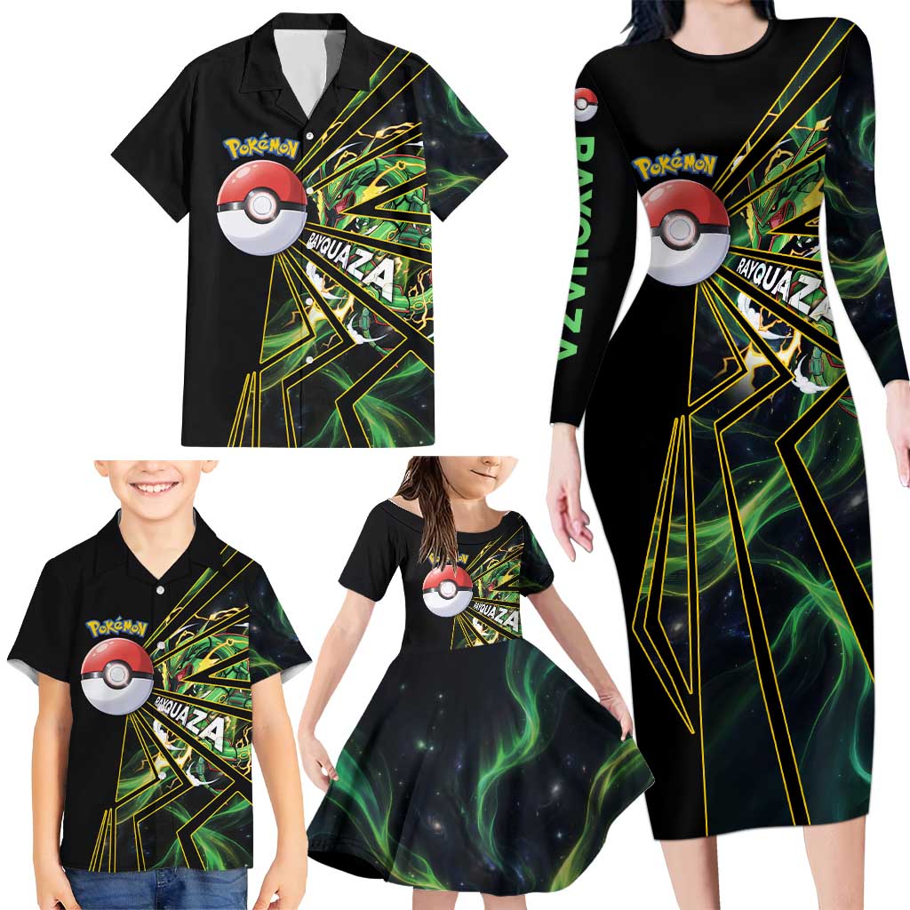 Rayquaza Poké Family Matching Long Sleeve Bodycon Dress and Hawaiian Shirt Cosmic Dragon Comic Style