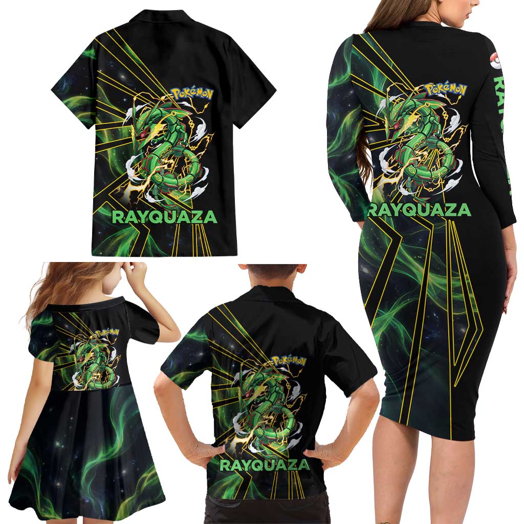 Rayquaza Poké Family Matching Long Sleeve Bodycon Dress and Hawaiian Shirt Cosmic Dragon Comic Style