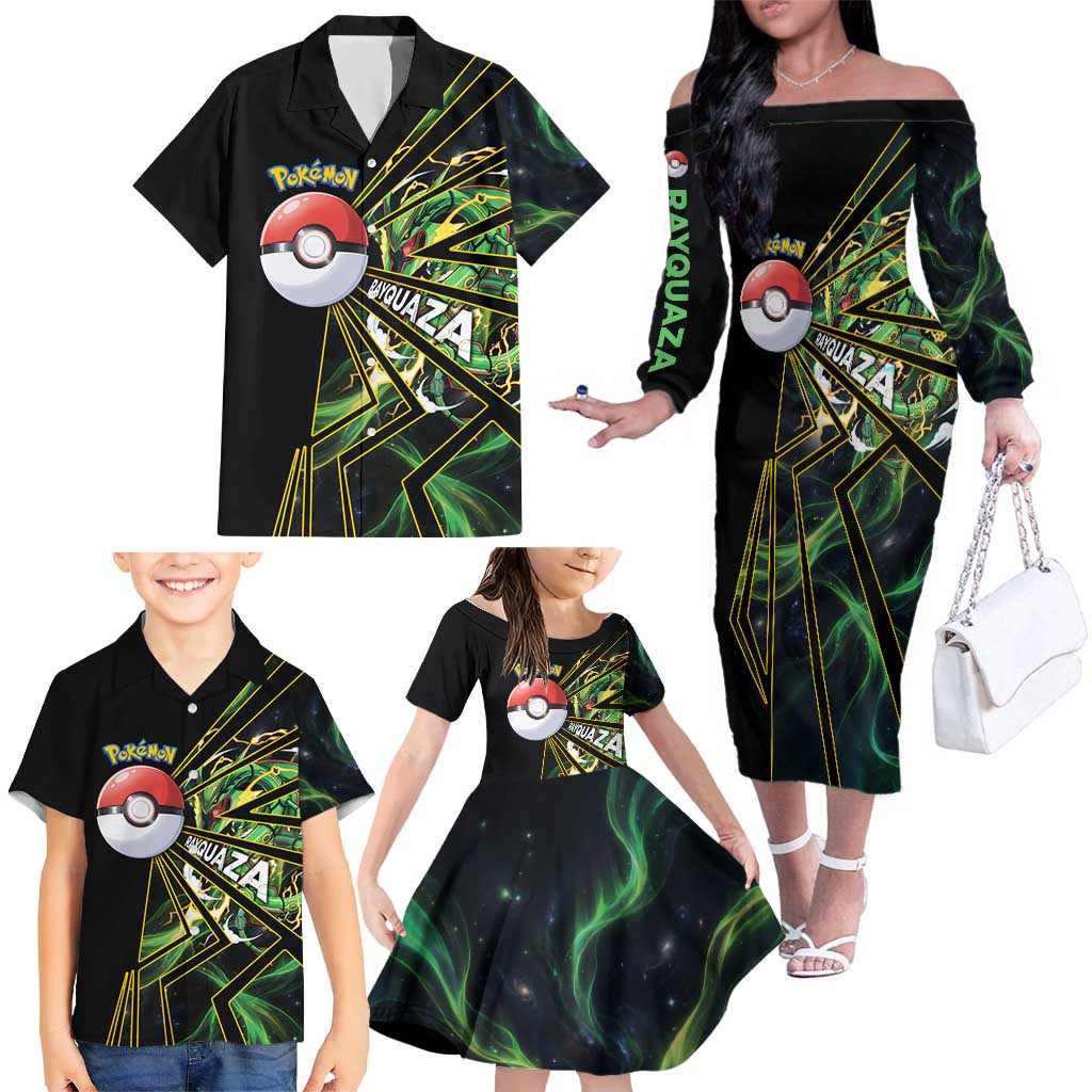 Rayquaza Poké Family Matching Off The Shoulder Long Sleeve Dress and Hawaiian Shirt Cosmic Dragon Comic Style