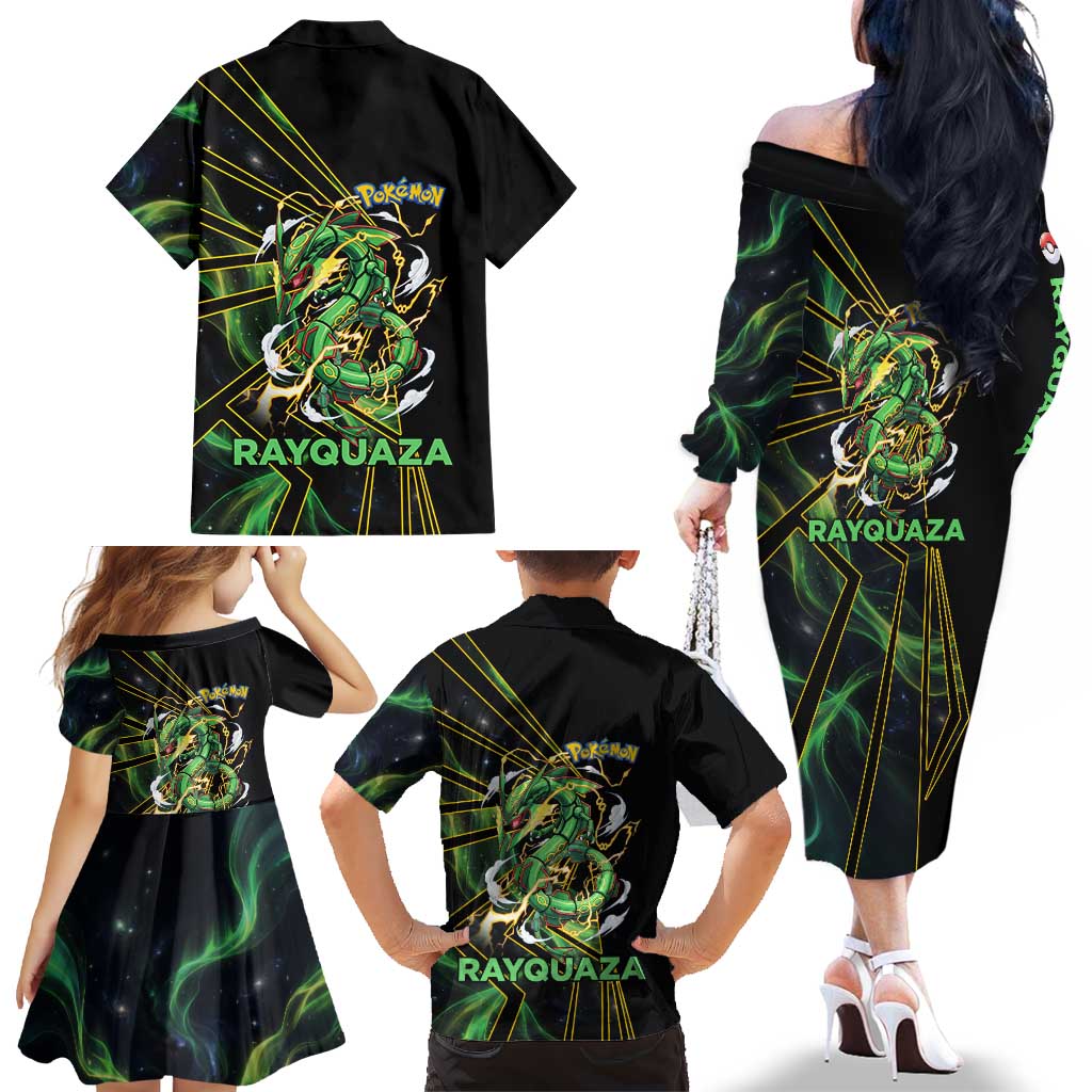 Rayquaza Poké Family Matching Off The Shoulder Long Sleeve Dress and Hawaiian Shirt Cosmic Dragon Comic Style