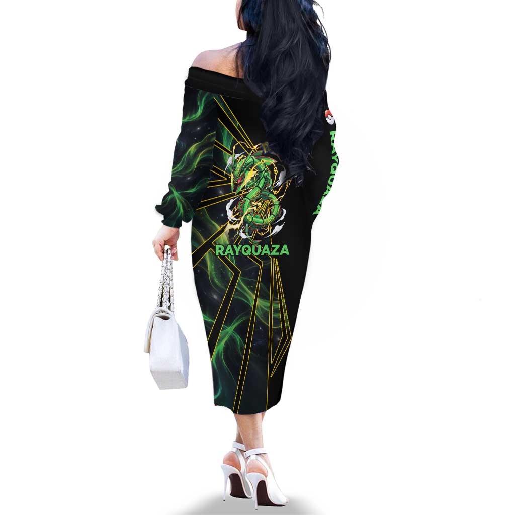 Rayquaza Poké Family Matching Off The Shoulder Long Sleeve Dress and Hawaiian Shirt Cosmic Dragon Comic Style