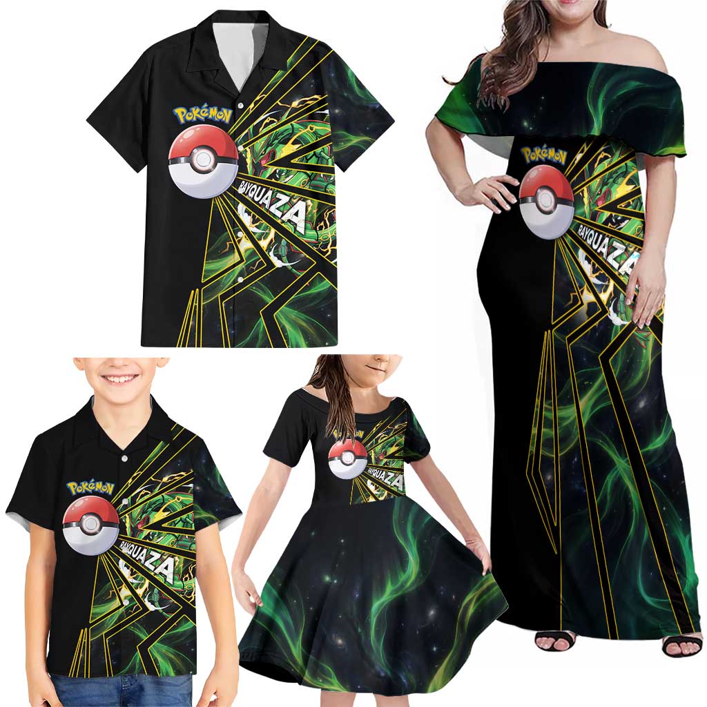 Rayquaza Poké Family Matching Off Shoulder Maxi Dress and Hawaiian Shirt Cosmic Dragon Comic Style