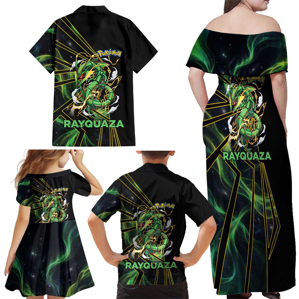 Rayquaza Poké Family Matching Off Shoulder Maxi Dress and Hawaiian Shirt Cosmic Dragon Comic Style