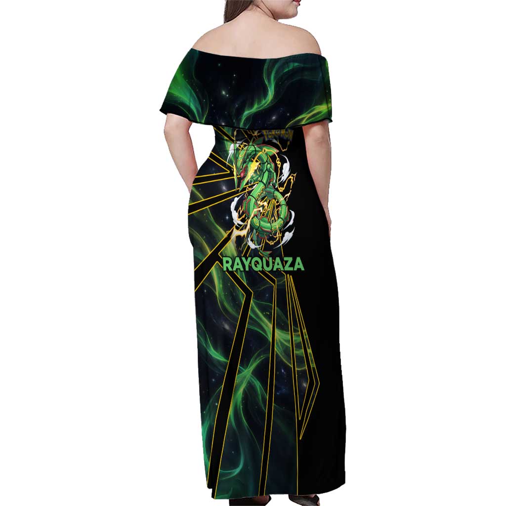 Rayquaza Poké Family Matching Off Shoulder Maxi Dress and Hawaiian Shirt Cosmic Dragon Comic Style