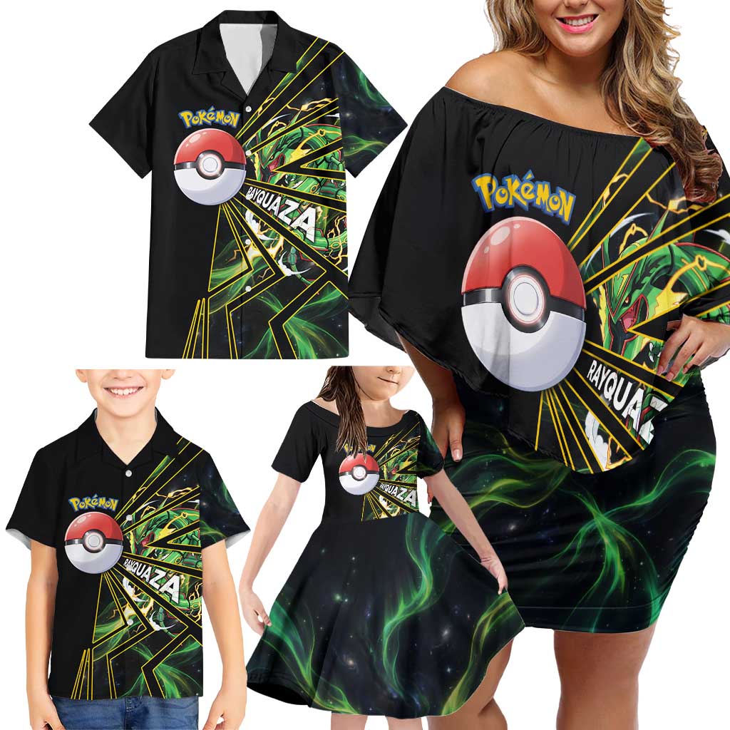 Rayquaza Poké Family Matching Off Shoulder Short Dress and Hawaiian Shirt Cosmic Dragon Comic Style