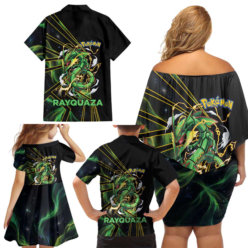 Rayquaza Poké Family Matching Off Shoulder Short Dress and Hawaiian Shirt Cosmic Dragon Comic Style