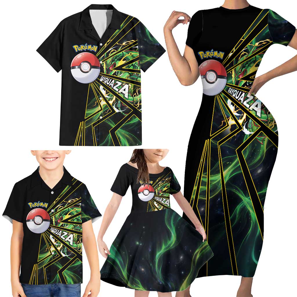 Rayquaza Poké Family Matching Short Sleeve Bodycon Dress and Hawaiian Shirt Cosmic Dragon Comic Style