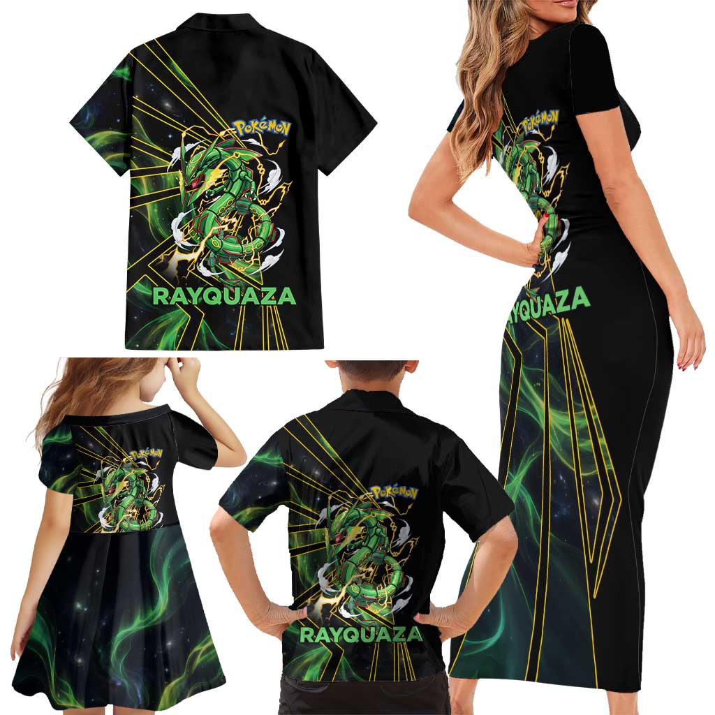 Rayquaza Poké Family Matching Short Sleeve Bodycon Dress and Hawaiian Shirt Cosmic Dragon Comic Style