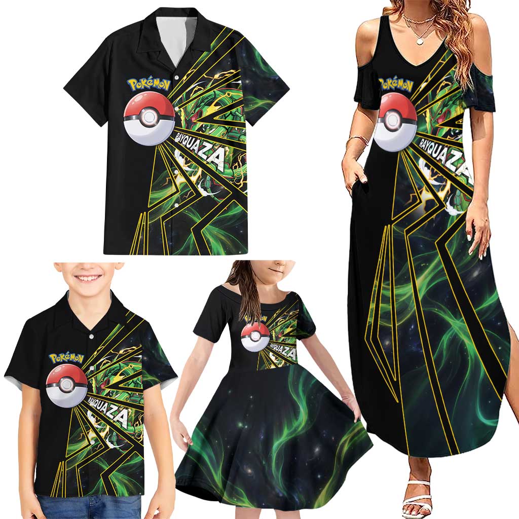 Rayquaza Poké Family Matching Summer Maxi Dress and Hawaiian Shirt Cosmic Dragon Comic Style