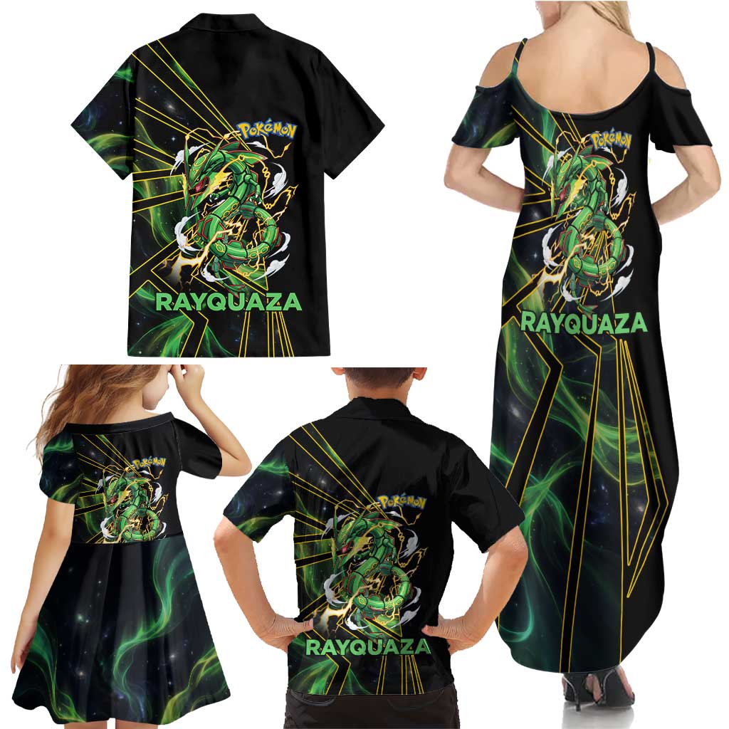 Rayquaza Poké Family Matching Summer Maxi Dress and Hawaiian Shirt Cosmic Dragon Comic Style