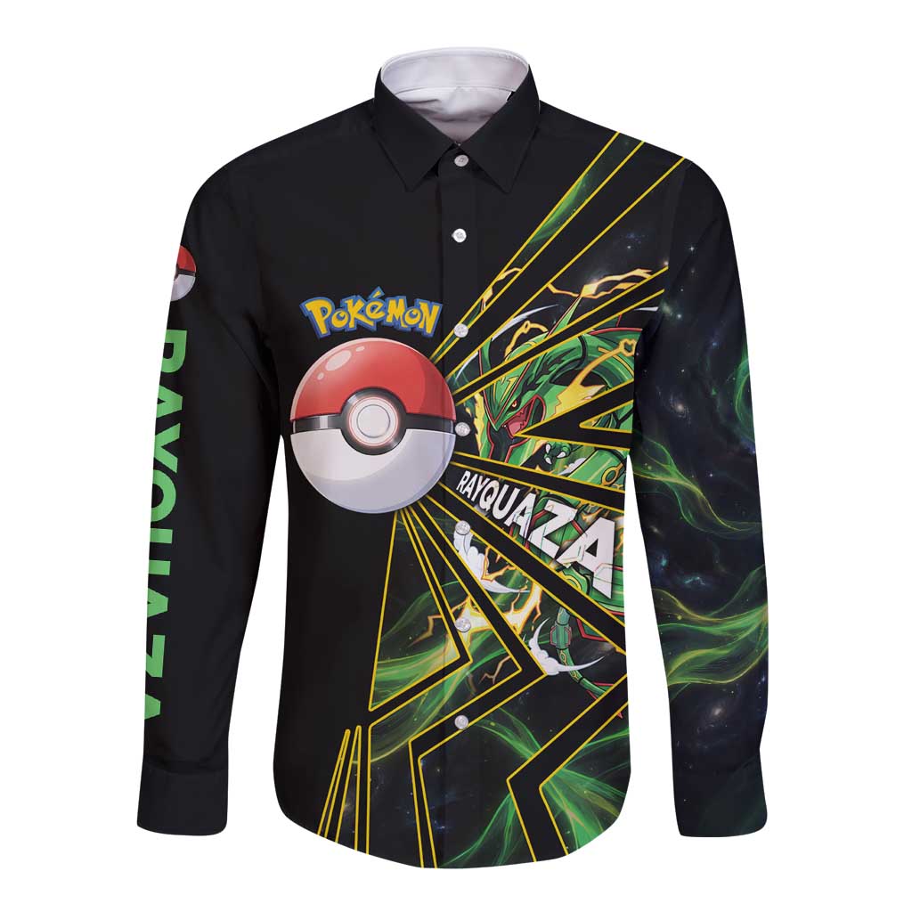 Rayquaza Poké Long Sleeve Button Shirt Cosmic Dragon Comic Style