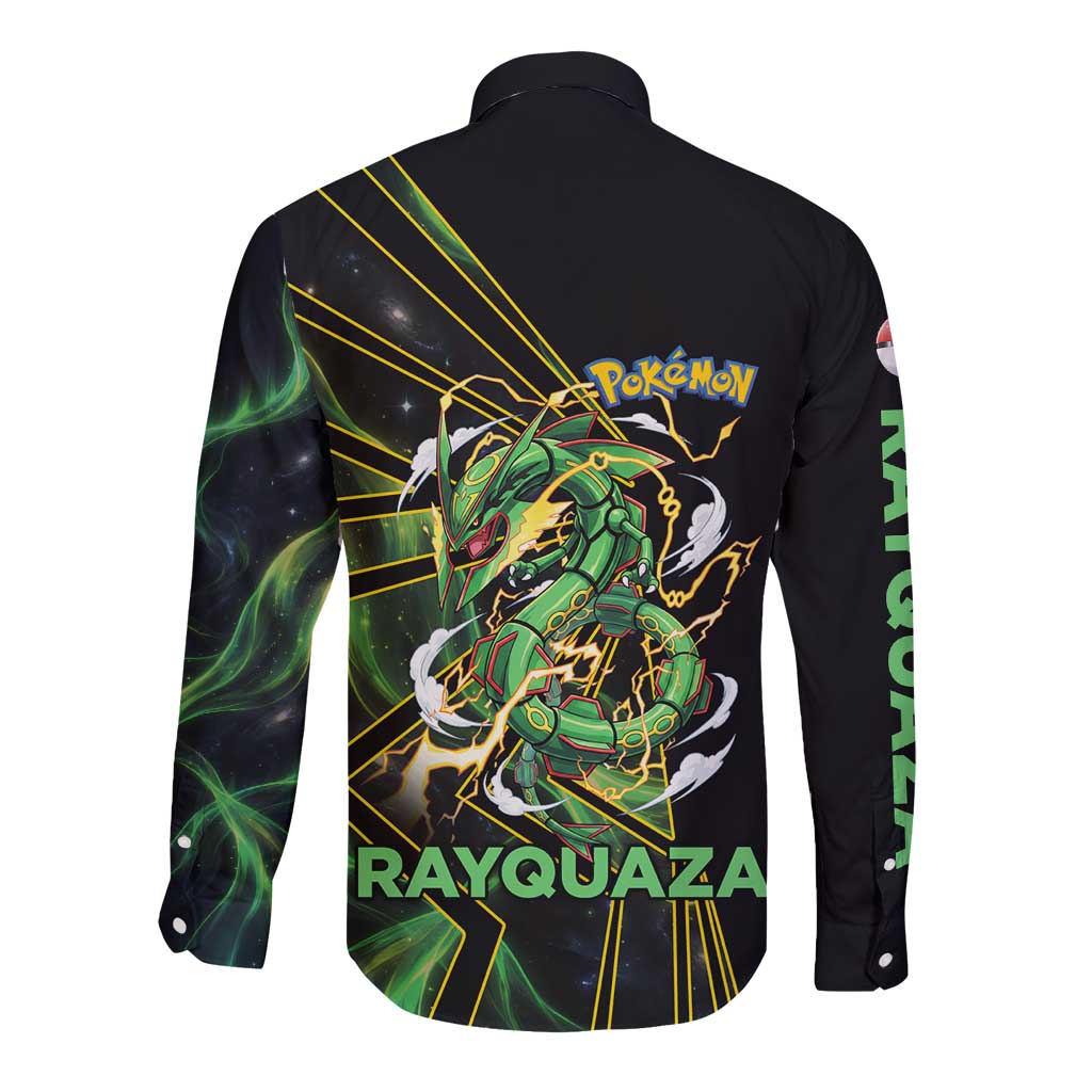 Rayquaza Poké Long Sleeve Button Shirt Cosmic Dragon Comic Style