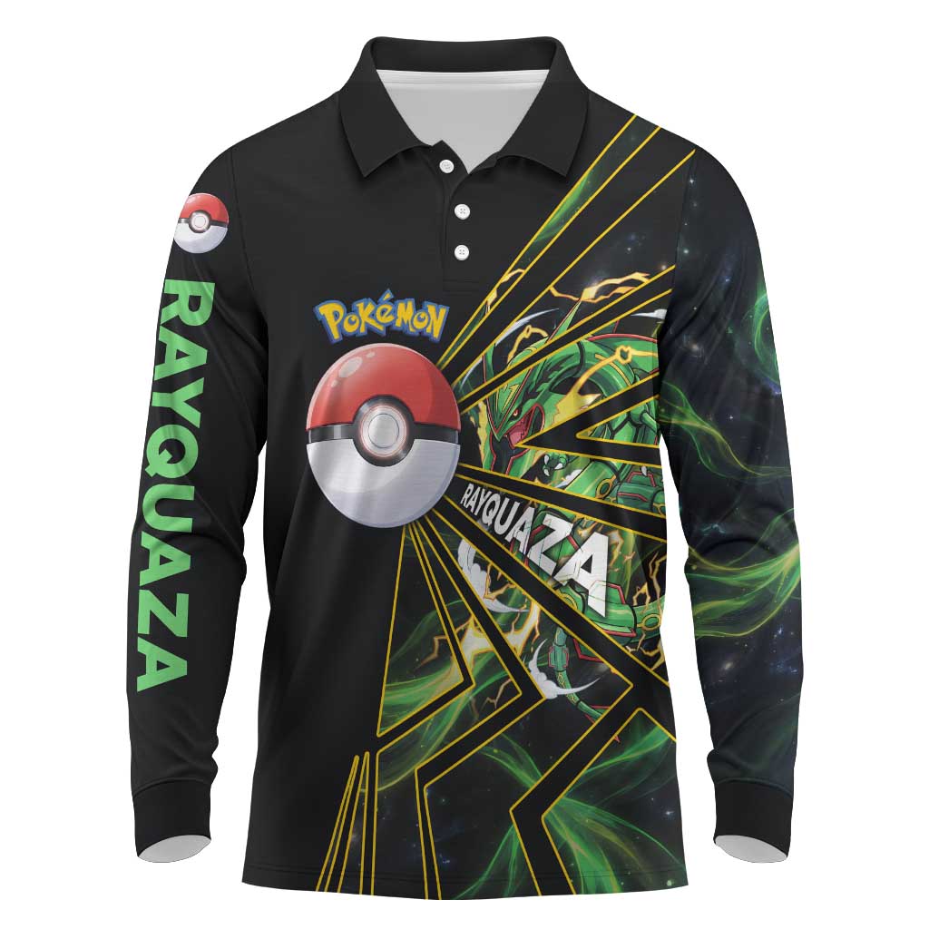 Rayquaza Poké Long Sleeve Polo Shirt Cosmic Dragon Comic Style