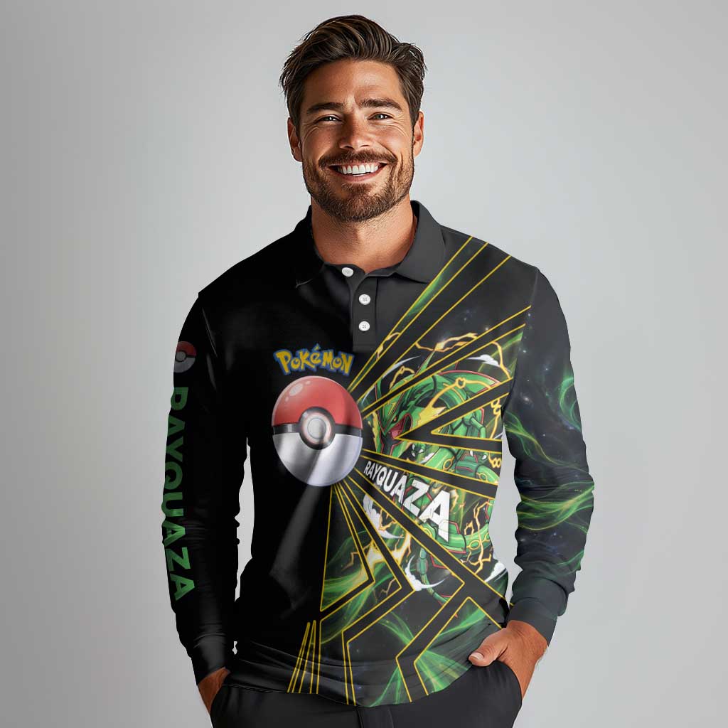 Rayquaza Poké Long Sleeve Polo Shirt Cosmic Dragon Comic Style