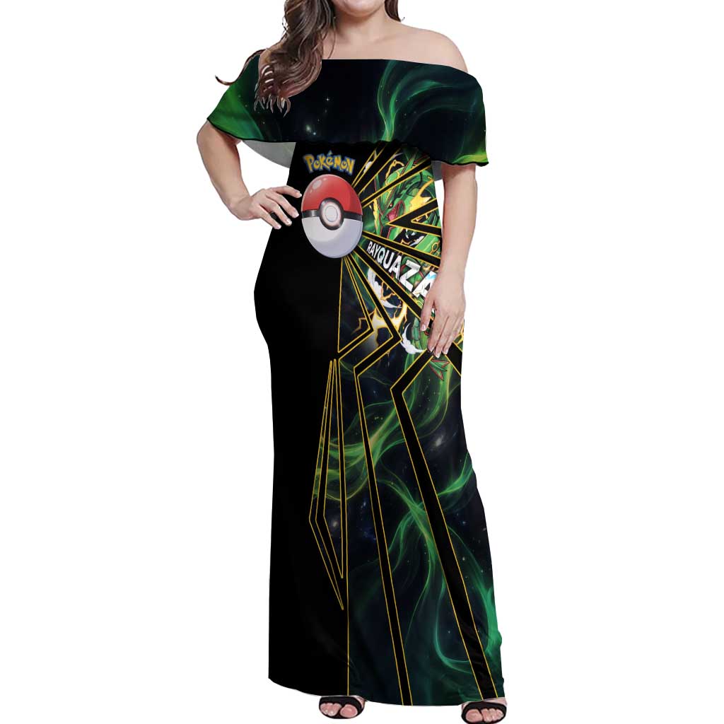 Rayquaza Poké Off Shoulder Maxi Dress Cosmic Dragon Comic Style