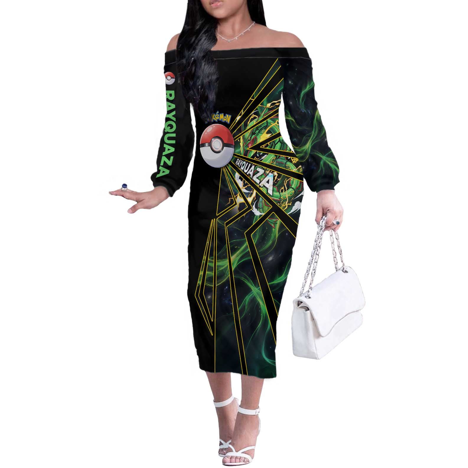 Rayquaza Poké Off The Shoulder Long Sleeve Dress Cosmic Dragon Comic Style