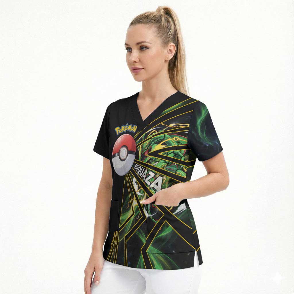Rayquaza Poké Scrub Top Cosmic Dragon Comic Style