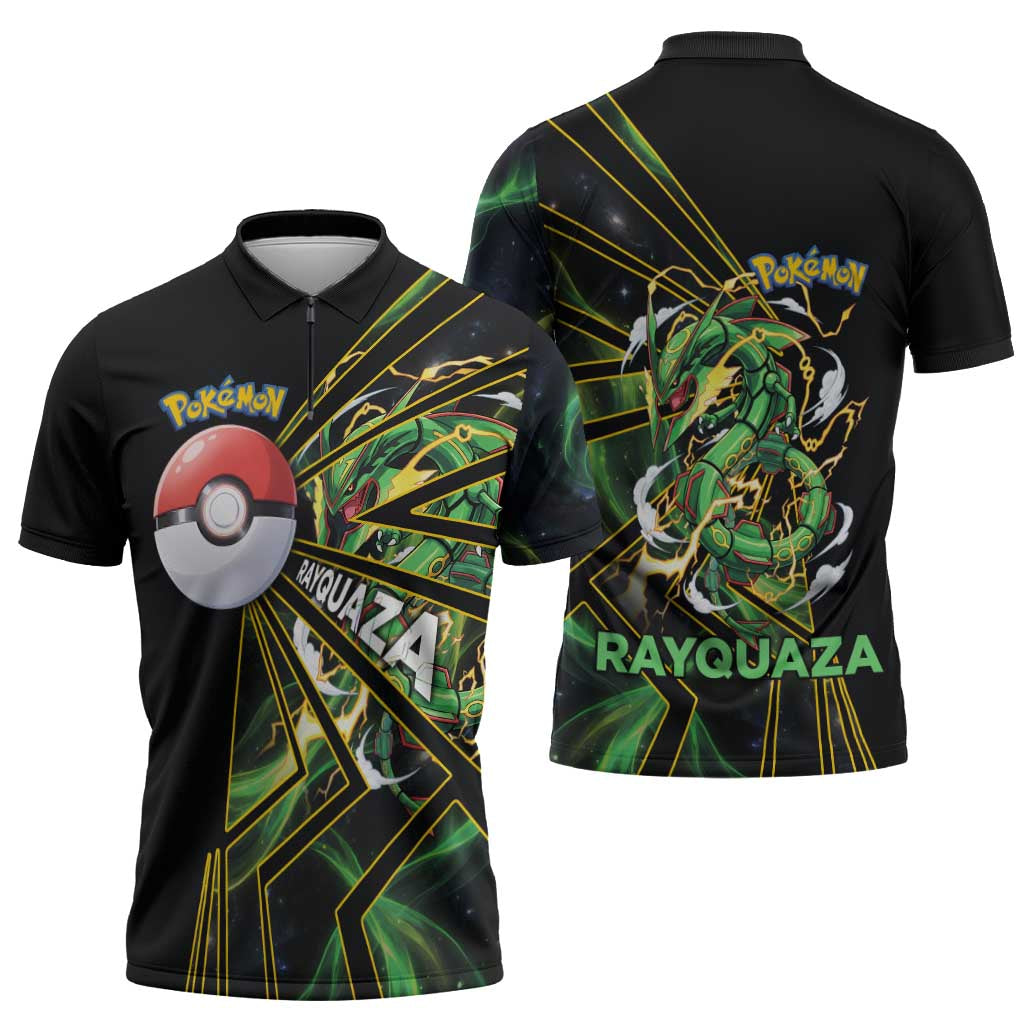 Rayquaza Poké Zipper Polo Shirt Cosmic Dragon Comic Style
