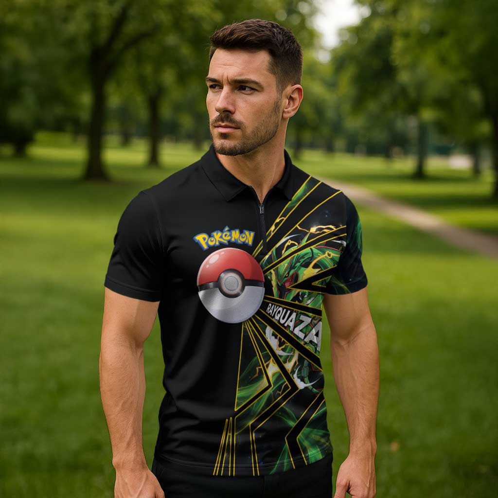 Rayquaza Poké Zipper Polo Shirt Cosmic Dragon Comic Style