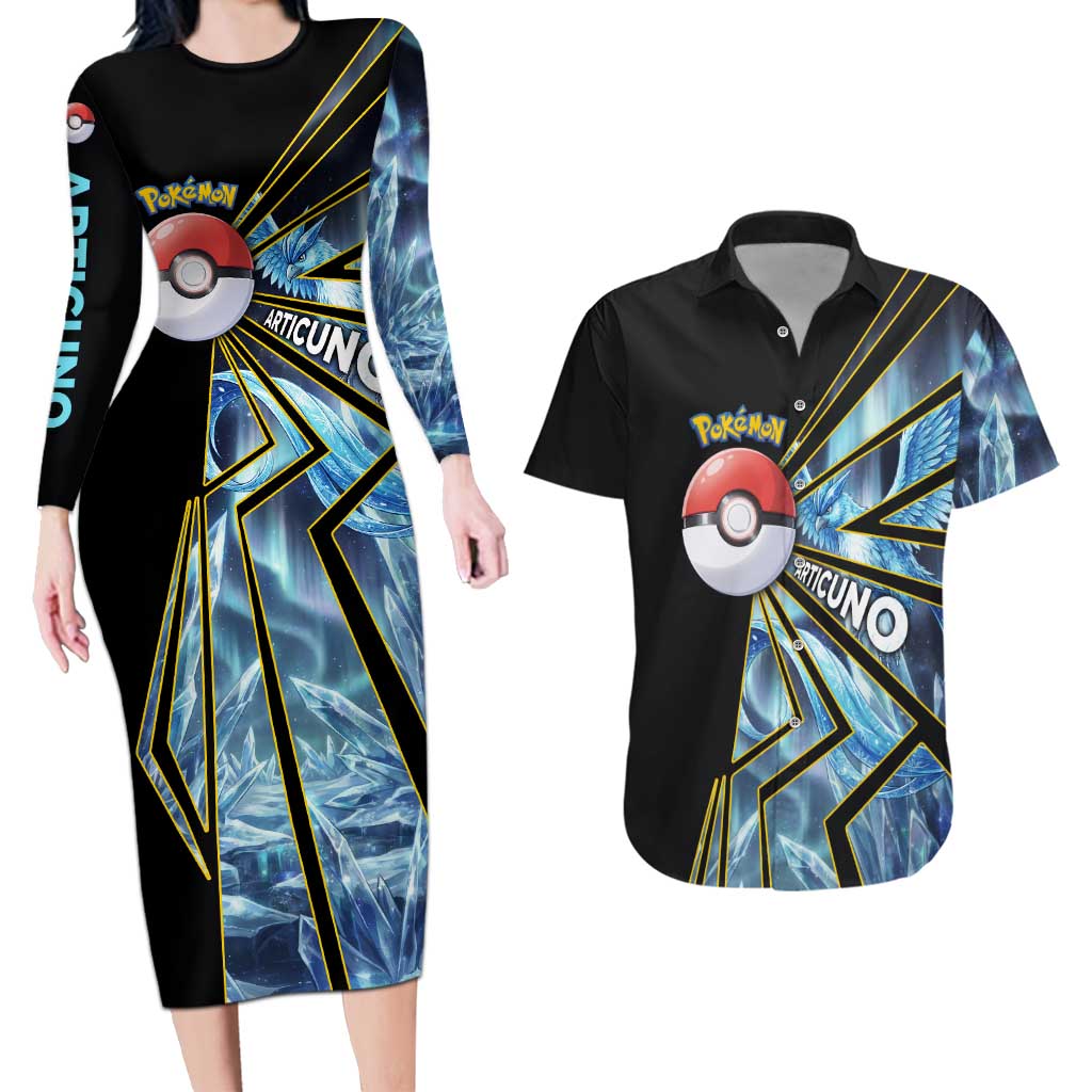 Articuno Poké Couples Matching Long Sleeve Bodycon Dress and Hawaiian Shirt Frost Crystal Comic Style