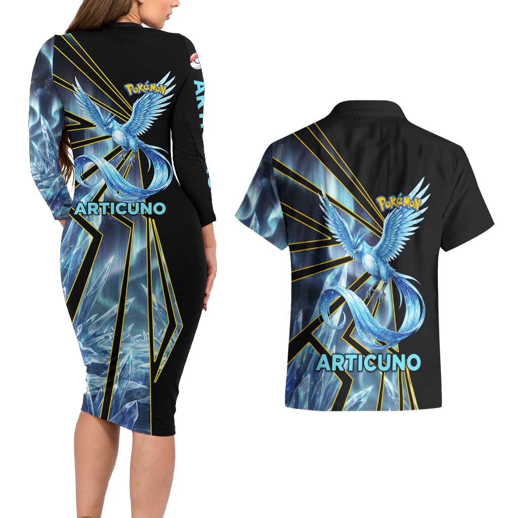 Articuno Poké Couples Matching Long Sleeve Bodycon Dress and Hawaiian Shirt Frost Crystal Comic Style