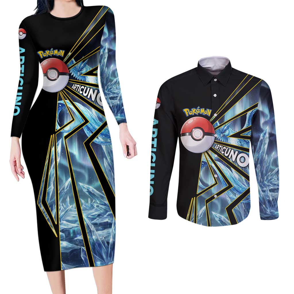 Articuno Poké Couples Matching Long Sleeve Bodycon Dress and Long Sleeve Button Shirt Frost Crystal Comic Style