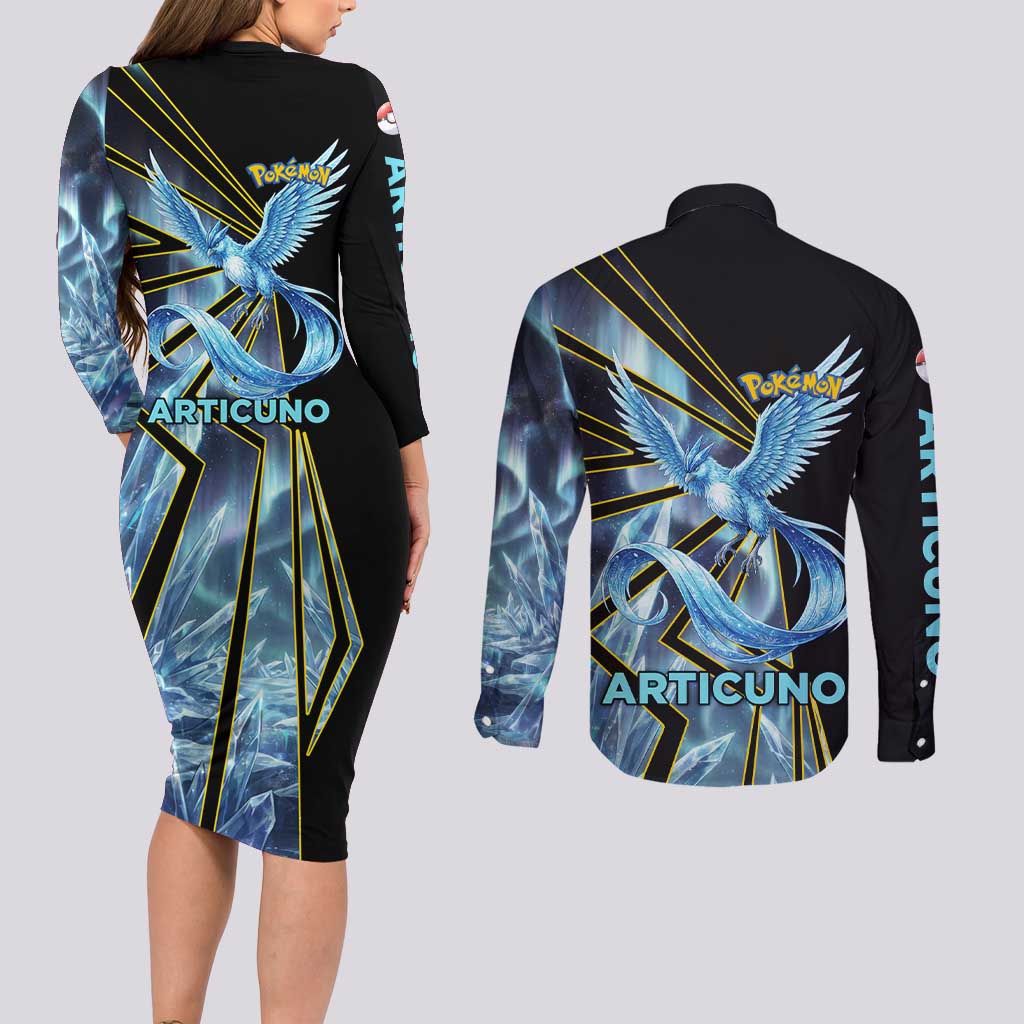 Articuno Poké Couples Matching Long Sleeve Bodycon Dress and Long Sleeve Button Shirt Frost Crystal Comic Style