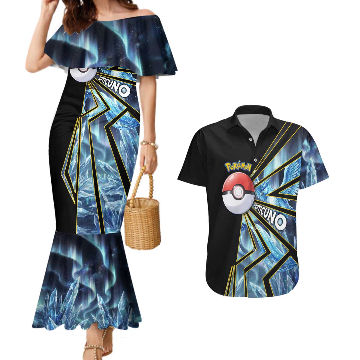 Articuno Poké Couples Matching Mermaid Dress and Hawaiian Shirt Frost Crystal Comic Style