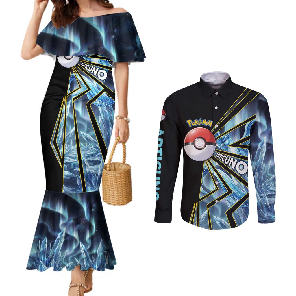 Articuno Poké Couples Matching Mermaid Dress and Long Sleeve Button Shirt Frost Crystal Comic Style
