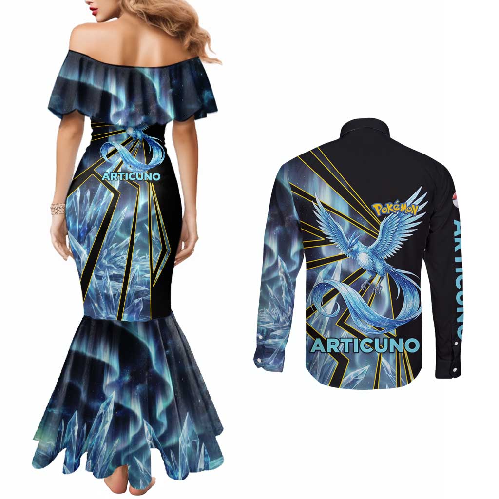 Articuno Poké Couples Matching Mermaid Dress and Long Sleeve Button Shirt Frost Crystal Comic Style