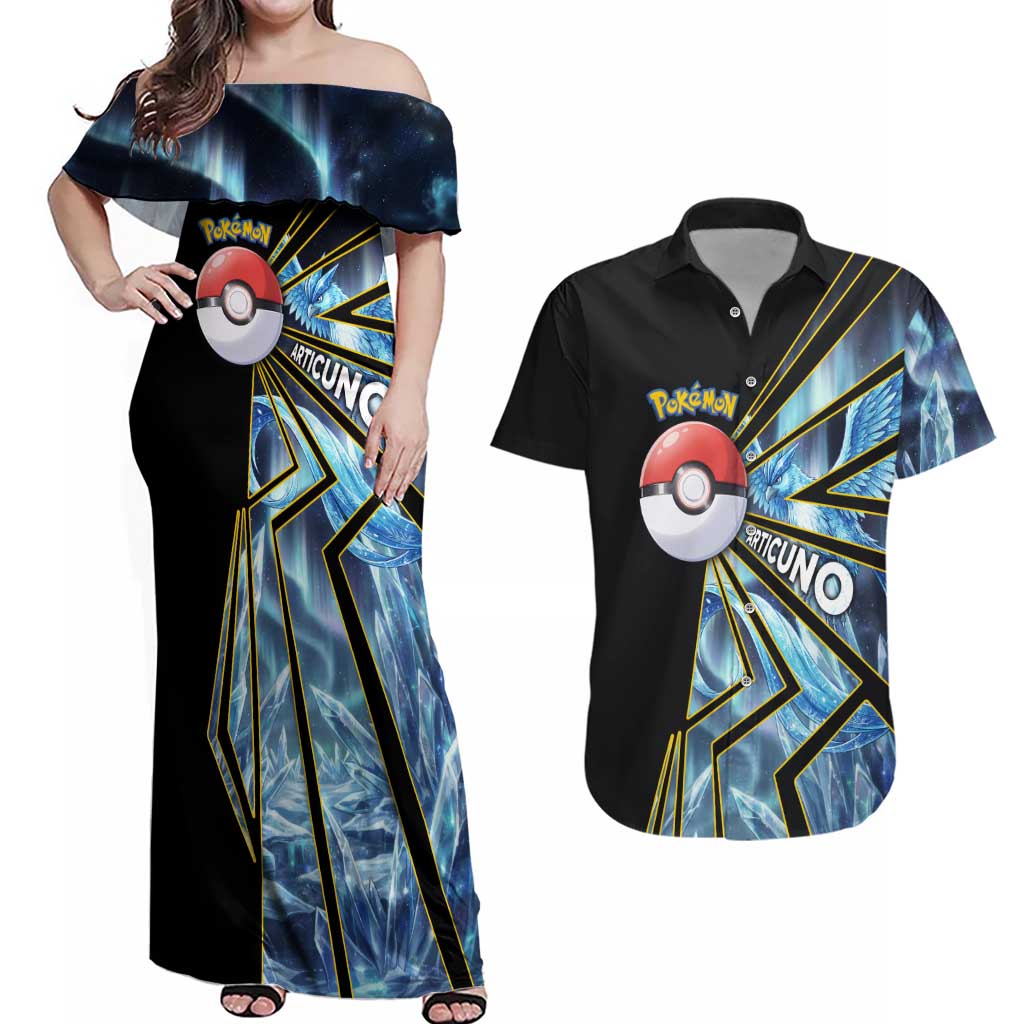 Articuno Poké Couples Matching Off Shoulder Maxi Dress and Hawaiian Shirt Frost Crystal Comic Style