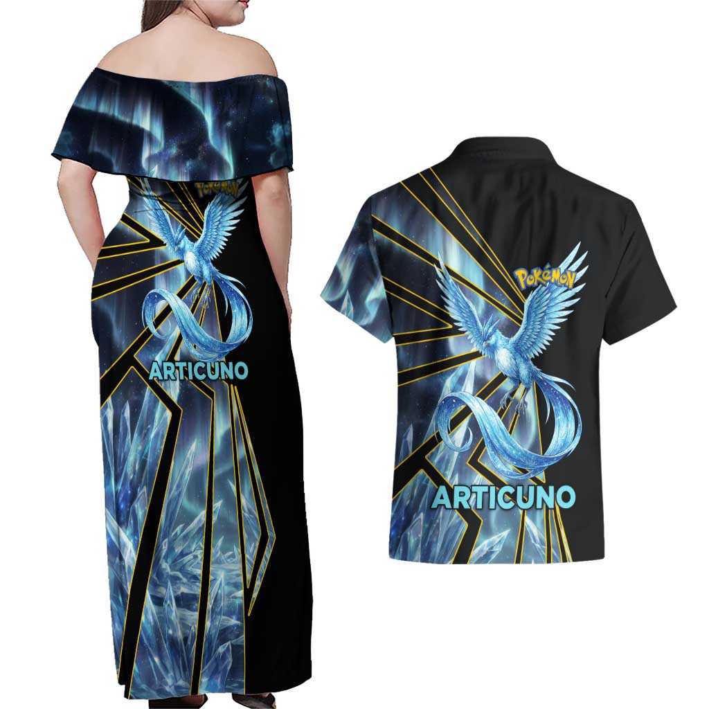 Articuno Poké Couples Matching Off Shoulder Maxi Dress and Hawaiian Shirt Frost Crystal Comic Style