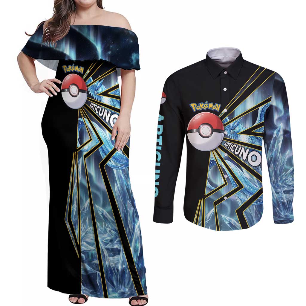 Articuno Poké Couples Matching Off Shoulder Maxi Dress and Long Sleeve Button Shirt Frost Crystal Comic Style