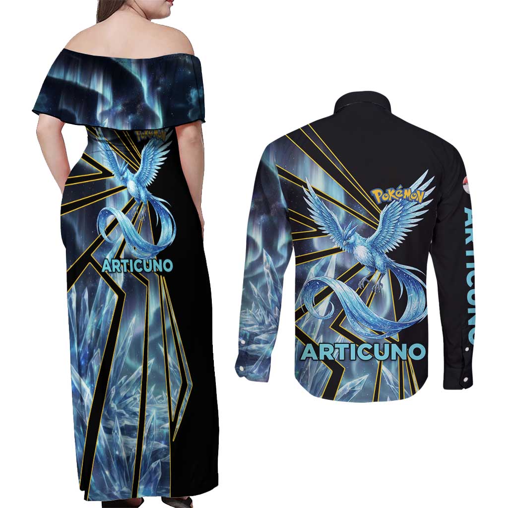 Articuno Poké Couples Matching Off Shoulder Maxi Dress and Long Sleeve Button Shirt Frost Crystal Comic Style