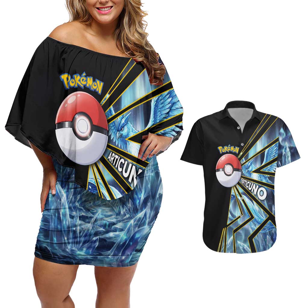 Articuno Poké Couples Matching Off Shoulder Short Dress and Hawaiian Shirt Frost Crystal Comic Style