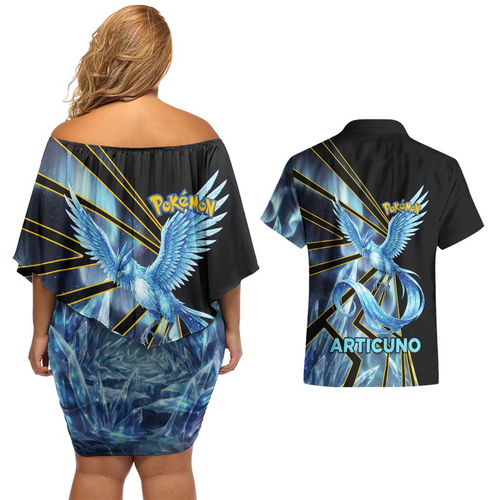 Articuno Poké Couples Matching Off Shoulder Short Dress and Hawaiian Shirt Frost Crystal Comic Style