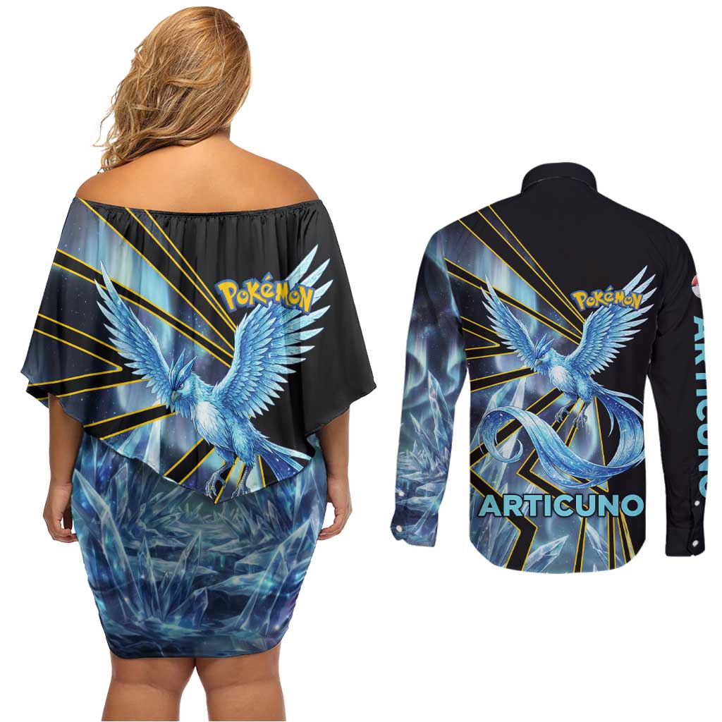 Articuno Poké Couples Matching Off Shoulder Short Dress and Long Sleeve Button Shirt Frost Crystal Comic Style