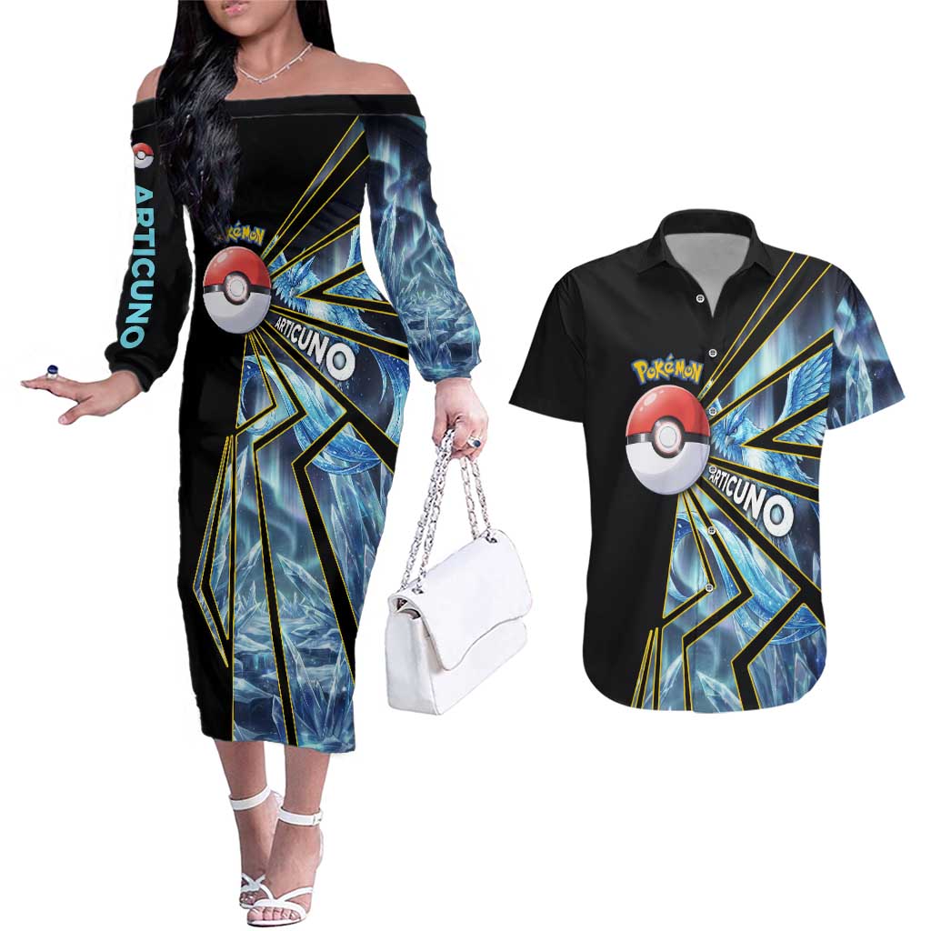 Articuno Poké Couples Matching Off The Shoulder Long Sleeve Dress and Hawaiian Shirt Frost Crystal Comic Style
