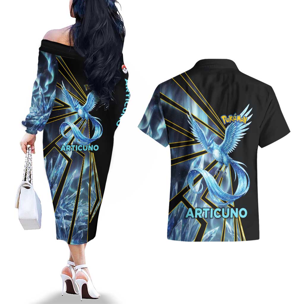 Articuno Poké Couples Matching Off The Shoulder Long Sleeve Dress and Hawaiian Shirt Frost Crystal Comic Style