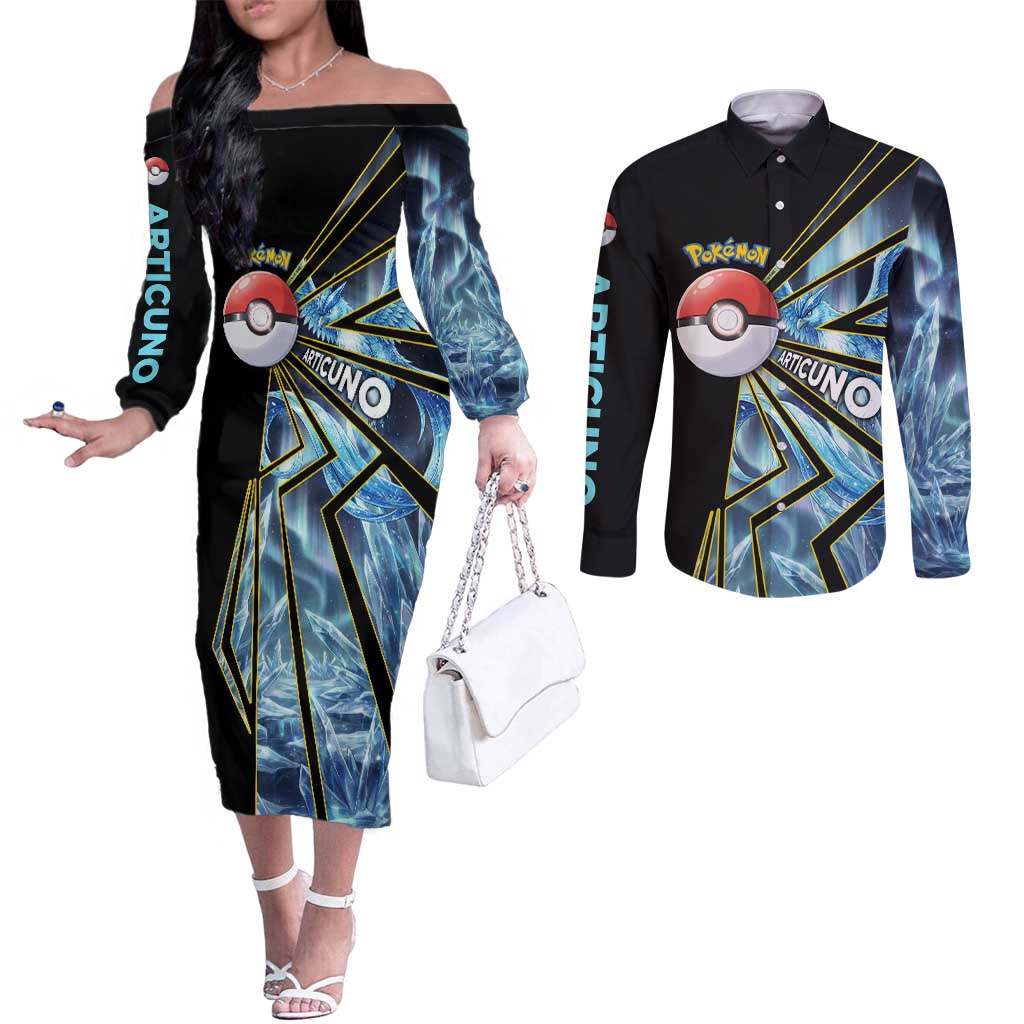 Articuno Poké Couples Matching Off The Shoulder Long Sleeve Dress and Long Sleeve Button Shirt Frost Crystal Comic Style
