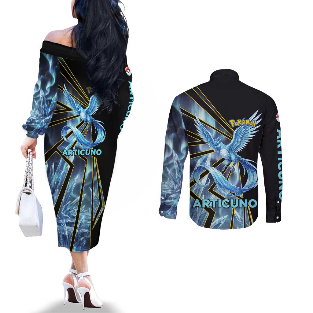 Articuno Poké Couples Matching Off The Shoulder Long Sleeve Dress and Long Sleeve Button Shirt Frost Crystal Comic Style