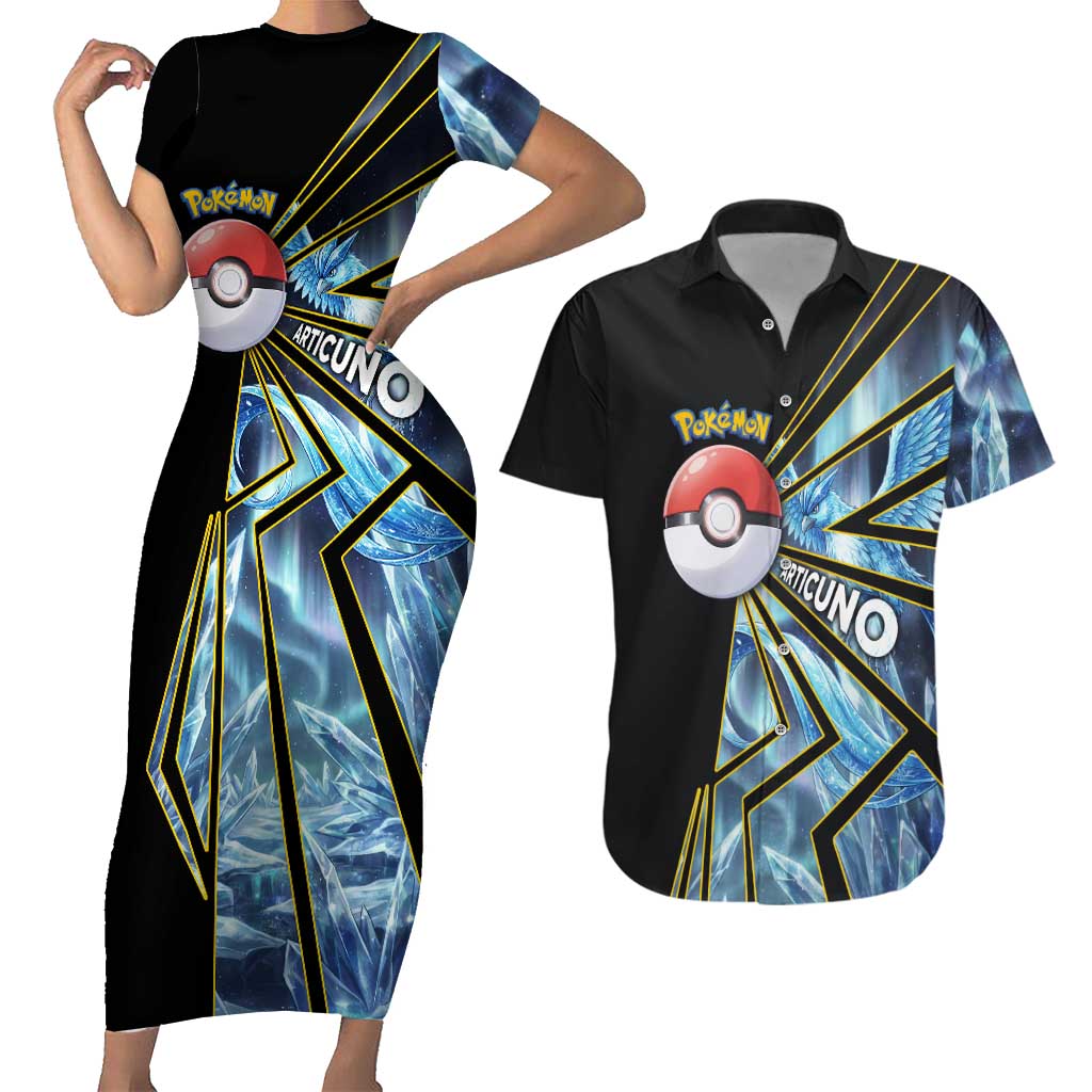 Articuno Poké Couples Matching Short Sleeve Bodycon Dress and Hawaiian Shirt Frost Crystal Comic Style