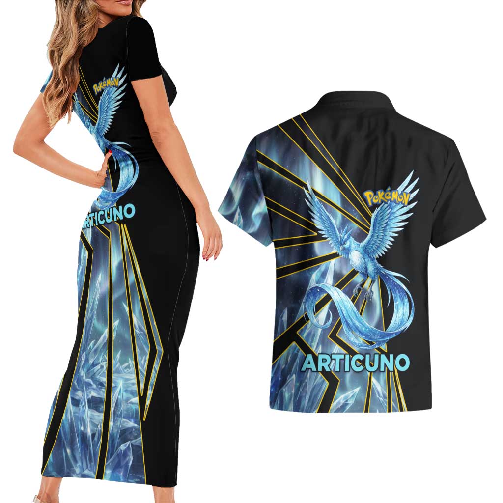 Articuno Poké Couples Matching Short Sleeve Bodycon Dress and Hawaiian Shirt Frost Crystal Comic Style