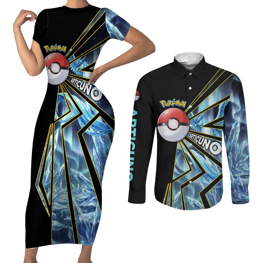 Articuno Poké Couples Matching Short Sleeve Bodycon Dress and Long Sleeve Button Shirt Frost Crystal Comic Style