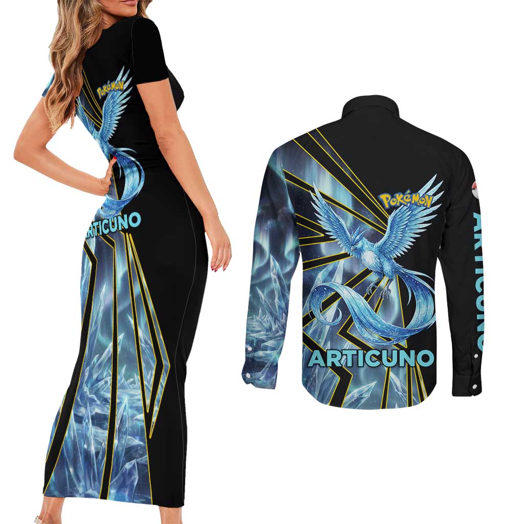 Articuno Poké Couples Matching Short Sleeve Bodycon Dress and Long Sleeve Button Shirt Frost Crystal Comic Style
