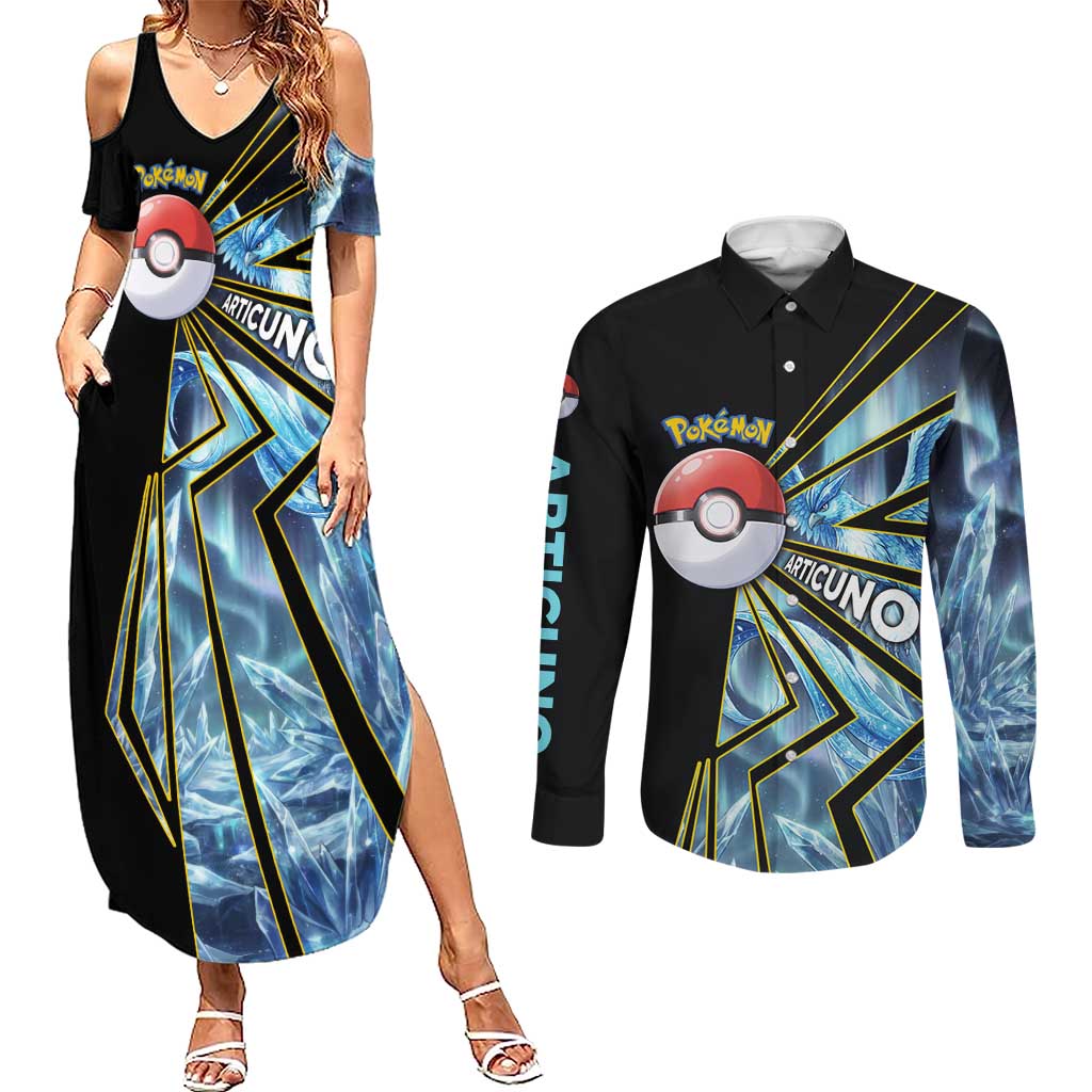 Articuno Poké Couples Matching Summer Maxi Dress and Long Sleeve Button Shirt Frost Crystal Comic Style