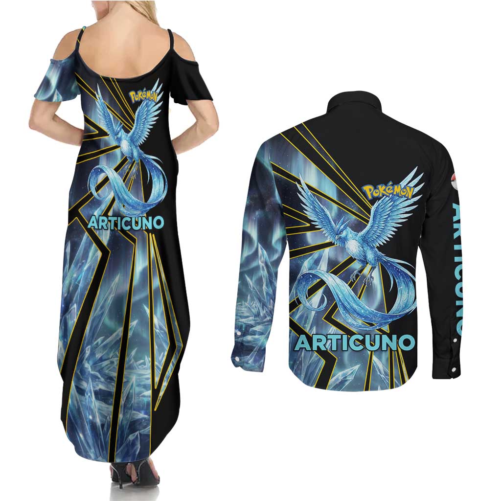 Articuno Poké Couples Matching Summer Maxi Dress and Long Sleeve Button Shirt Frost Crystal Comic Style