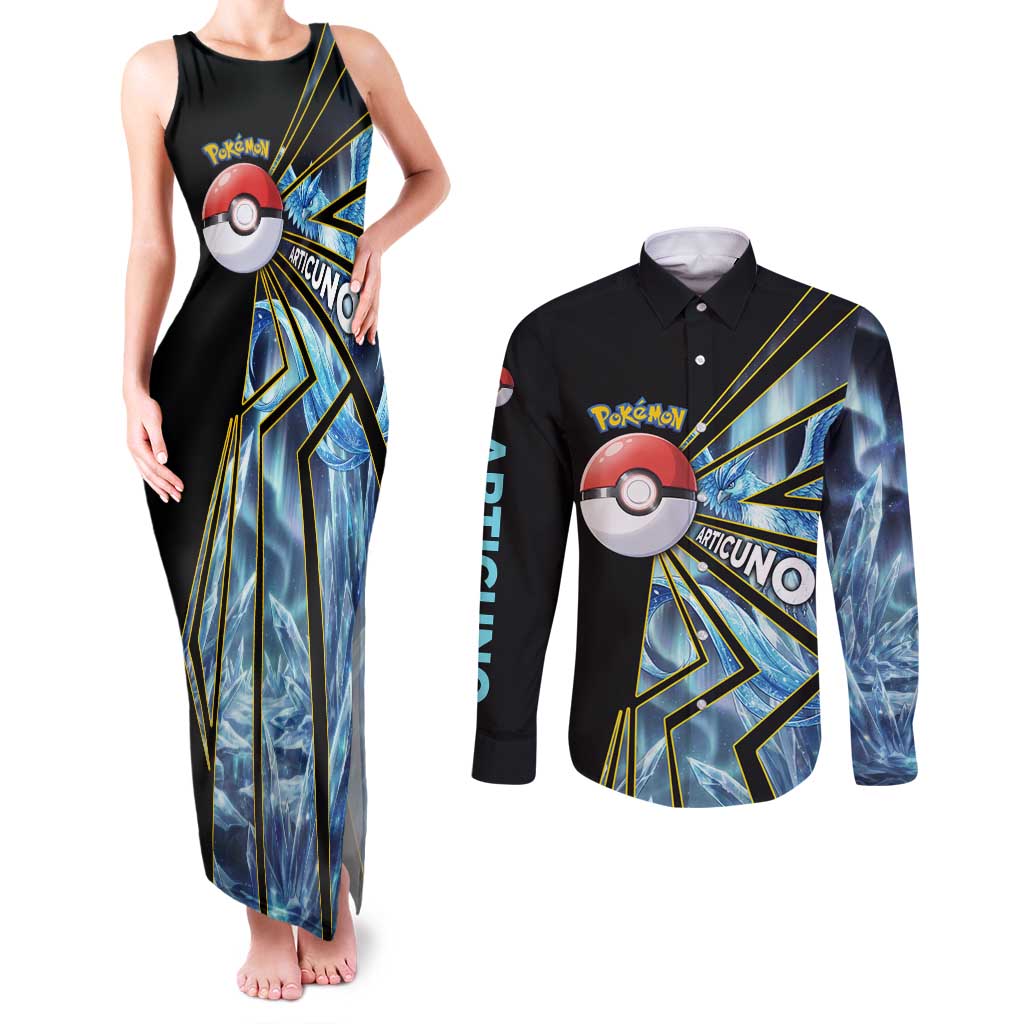 Articuno Poké Couples Matching Tank Maxi Dress and Long Sleeve Button Shirt Frost Crystal Comic Style